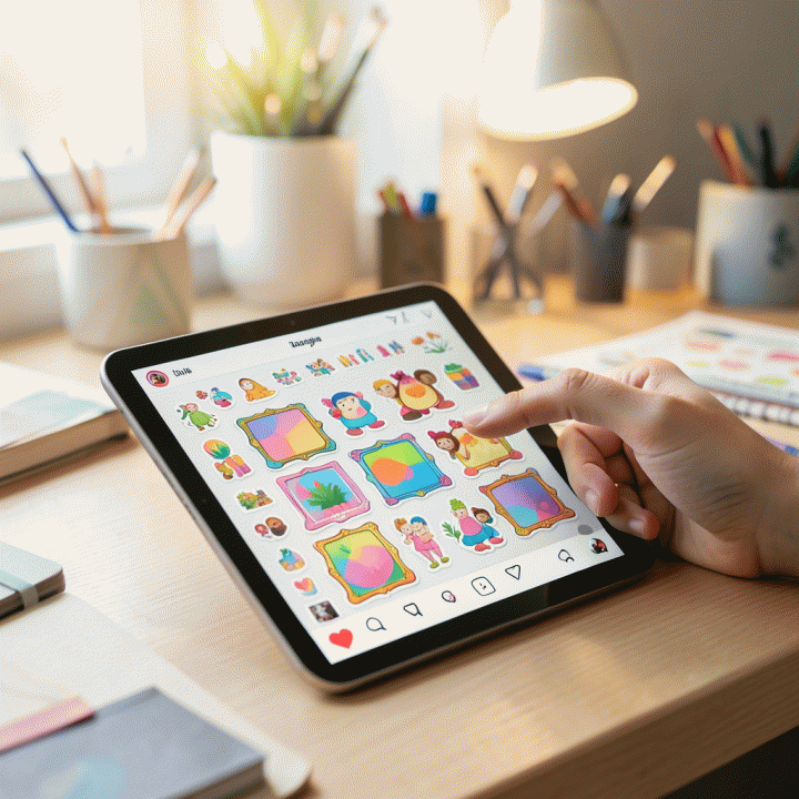 Tangan berinteraksi dengan tablet digital yang menampilkan desain Instagram Story dengan stiker digital yang menarik.