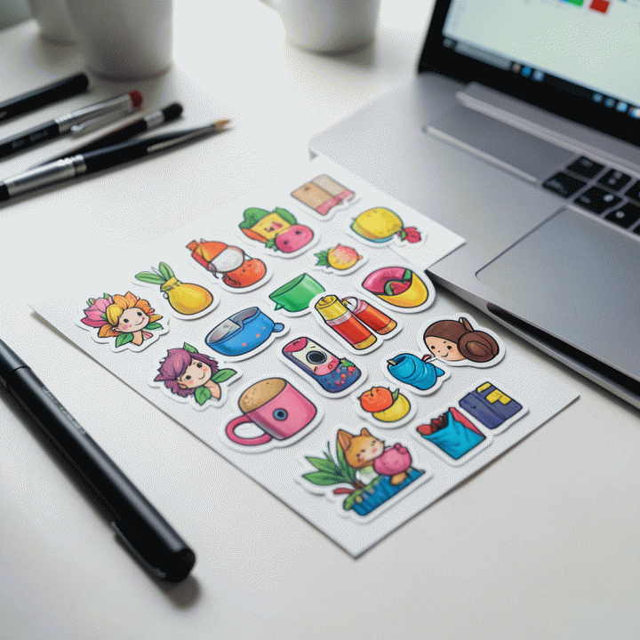 Kumpulan stiker digital premium yang tertata rapi di atas meja kerja desain.