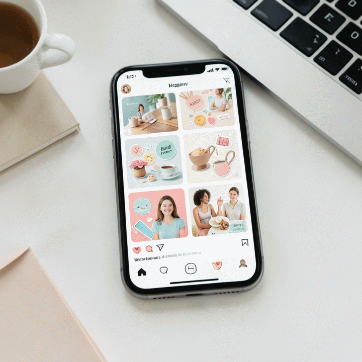 Mockup feed Instagram yang estetik dan konsisten, menampilkan aset digital premium yang ditata dengan rapi pada layar ponsel modern.