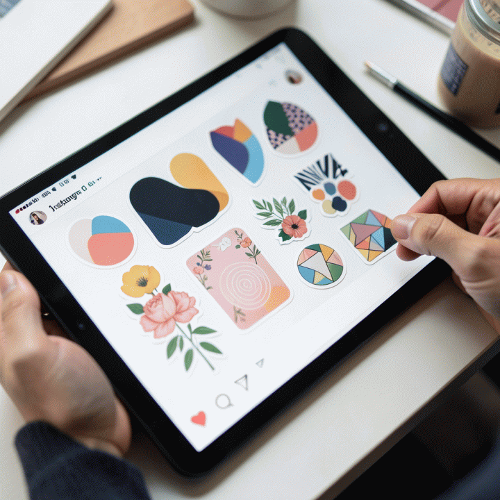 Penggunaan aset stiker digital premium untuk mempercantik desain postingan Instagram di tablet.