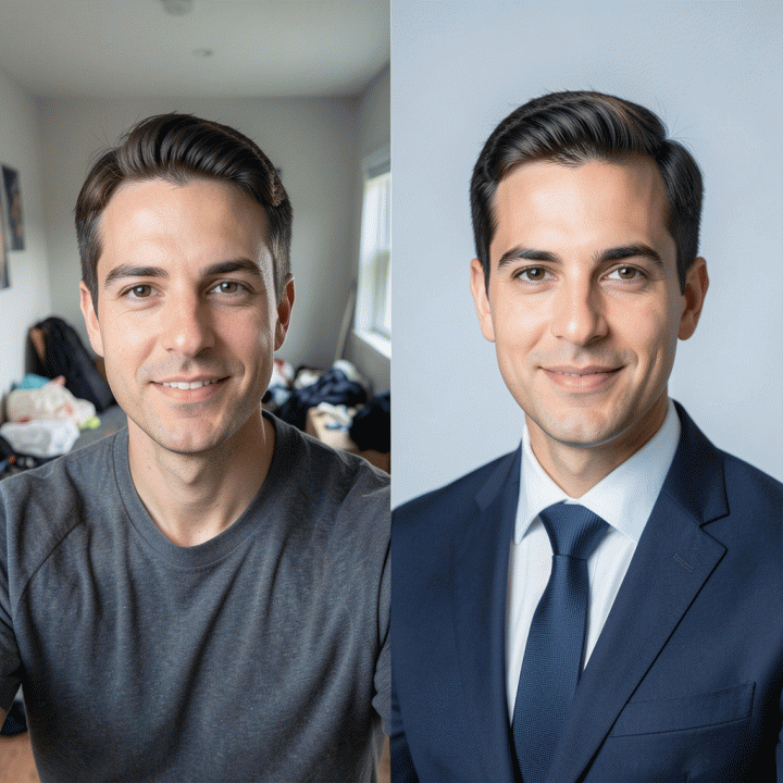 Comparison of a casual selfie versus a professionally edited corporate headshot.