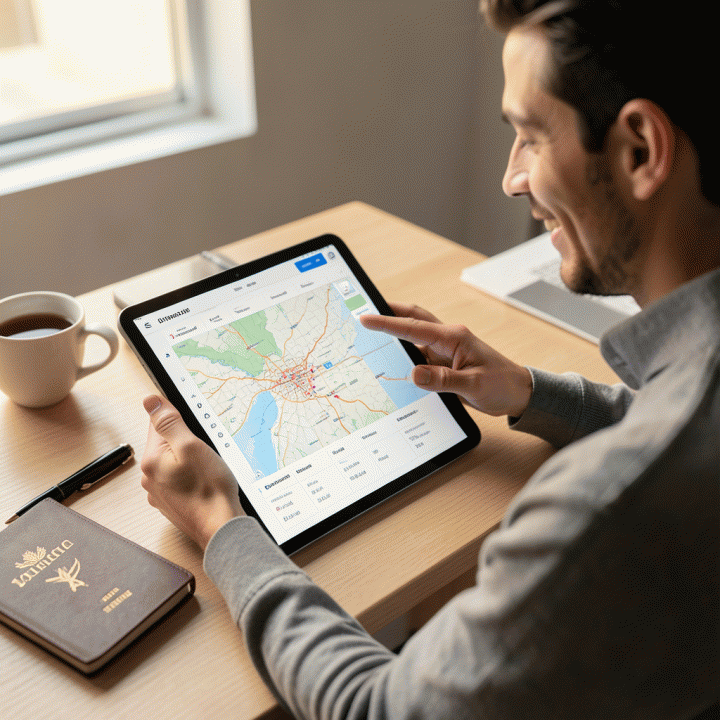 Seorang pengguna sedang merencanakan itinerary perjalanan detail menggunakan tablet di ruang kerja modern.