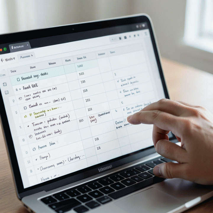 Tangan yang sedang mengatur detail itinerary harian pada antarmuka spreadsheet di laptop.