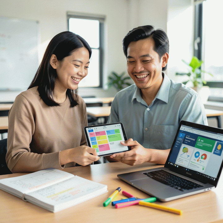 Guru Indonesia yang antusias dan profesional menggunakan tablet untuk membuat rencana pelajaran (lesson plan) interaktif dengan bantuan teknologi AI, menunjukkan efisiensi dalam mengajar.