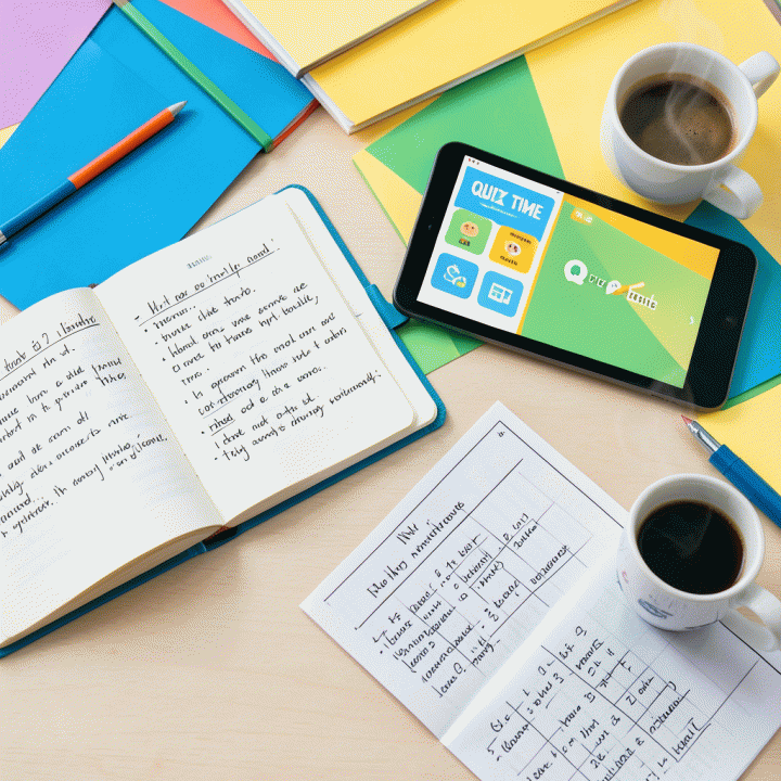 Perlengkapan mengajar di atas meja yang berisi worksheet interaktif, tablet, dan alat tulis, menunjukkan kegiatan belajar mengajar yang menyenangkan.