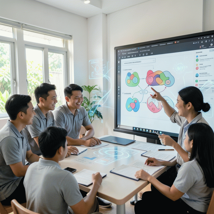 Guru-guru Indonesia yang berkolaborasi di kelas modern, menggunakan bantuan visual AI untuk merencanakan materi ajar yang menarik dan terstruktur.