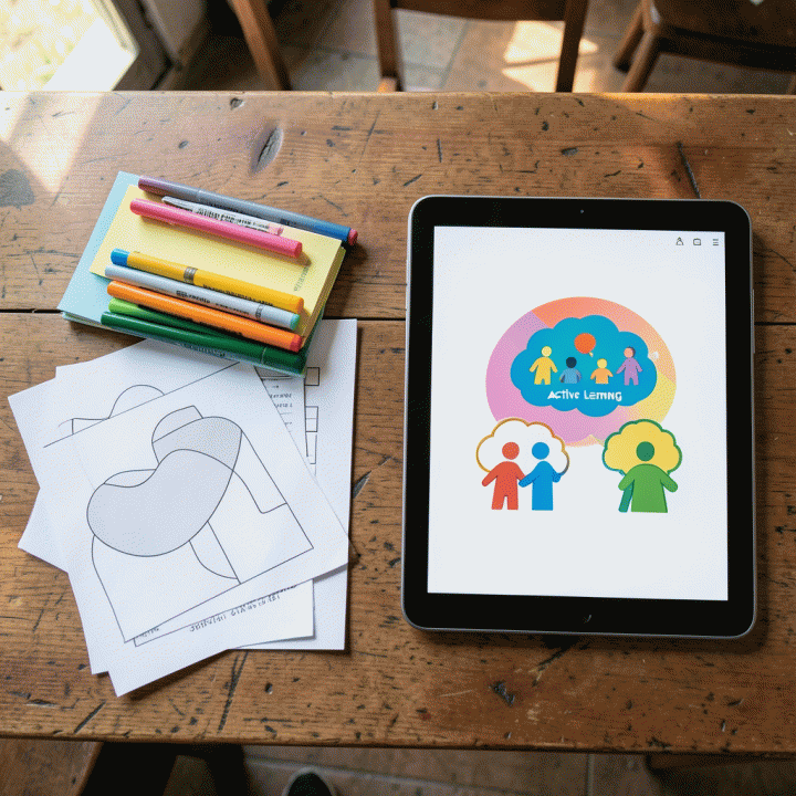 Komparasi materi ajar fisik dan digital, menunjukkan perpaduan alat tradisional dan teknologi AI untuk pembelajaran aktif.