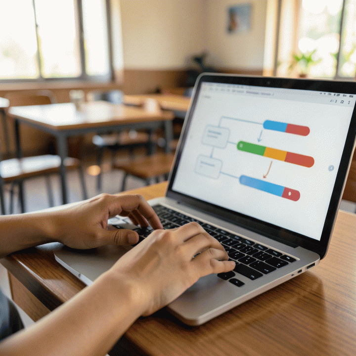 Tangan seorang guru yang sedang bekerja efisien menggunakan laptop untuk menyusun rencana pembelajaran yang terstruktur.