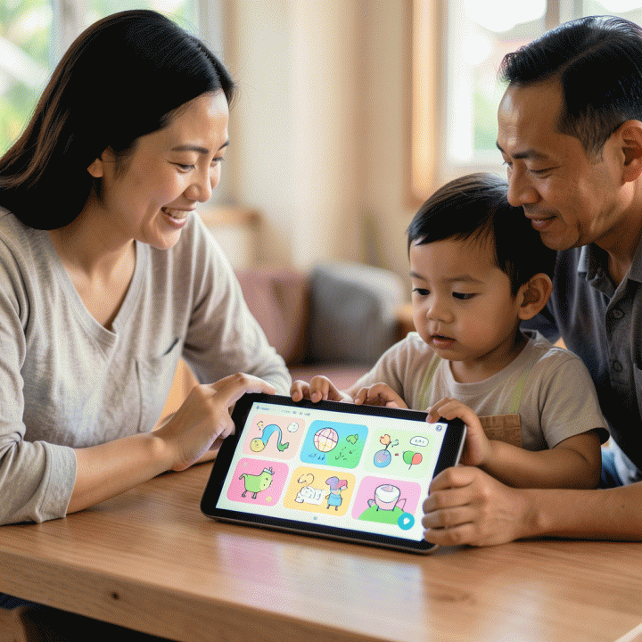 Orang tua dan anak belajar bersama menggunakan materi edukasi interaktif di tablet, menunjukkan kolaborasi belajar yang menyenangkan.