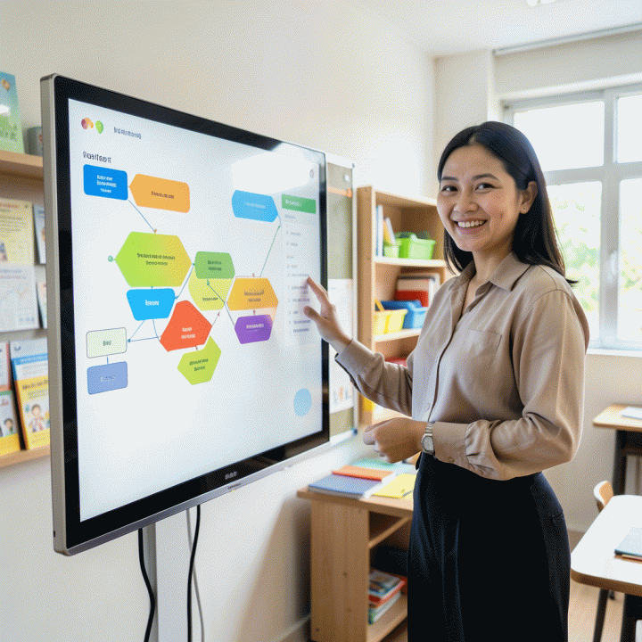 Guru Indonesia terlihat efisien dan percaya diri menggunakan AI di kelas untuk menyusun materi ajar yang menarik.