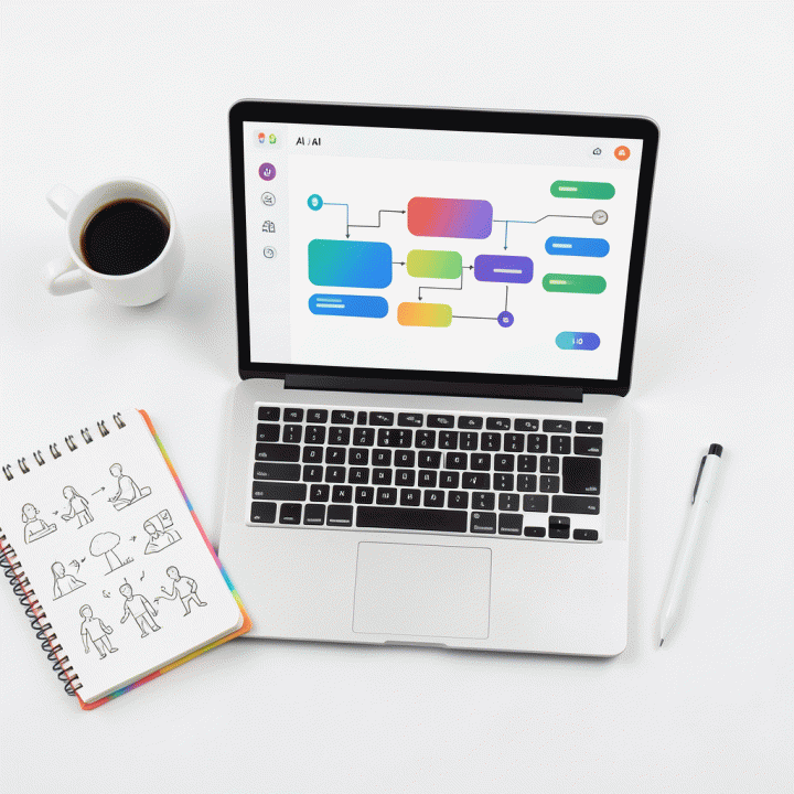 Tampilan datar (flat lay) dari laptop dan alat tulis, menonjolkan proses efisien menggunakan AI untuk perencanaan materi ajar.