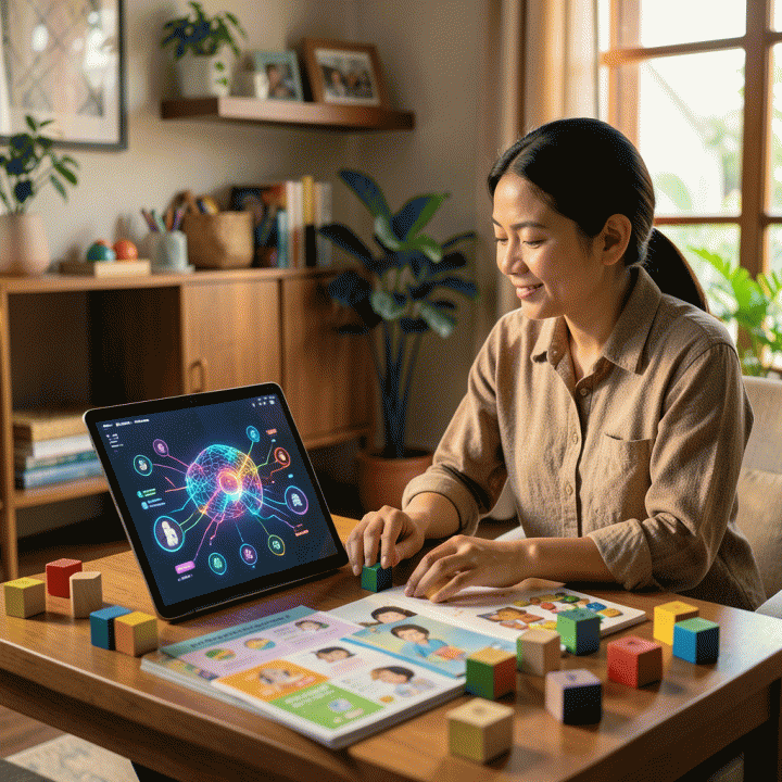 Seorang guru Indonesia di ruang belajar yang hangat dan modern, menggunakan tablet AI untuk merancang materi belajar anak yang berwarna-warni dan menarik, melambangkan efisiensi dan kreativitas dalam pengajaran.