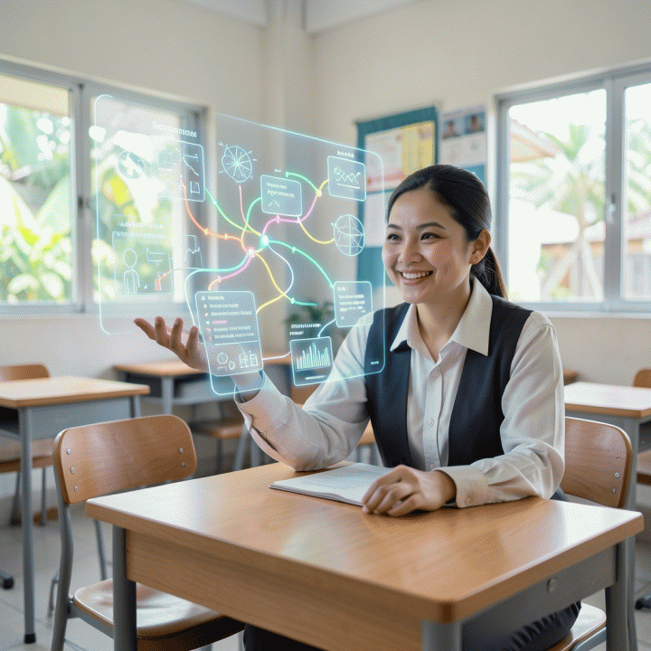 Seorang guru profesional di kelas modern Indonesia menggunakan antarmuka holografik AI yang canggih untuk merancang modul ajar berdiferensiasi secara efisien, menunjukkan perpaduan harmonis antara teknologi dan pendidikan.