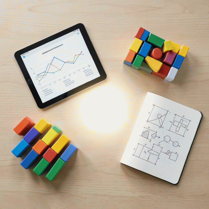 Komposisi flat lay meja belajar modern berisi alat peraga dan tablet yang menunjukkan perencanaan modul ajar yang terstruktur berkat bantuan AI.