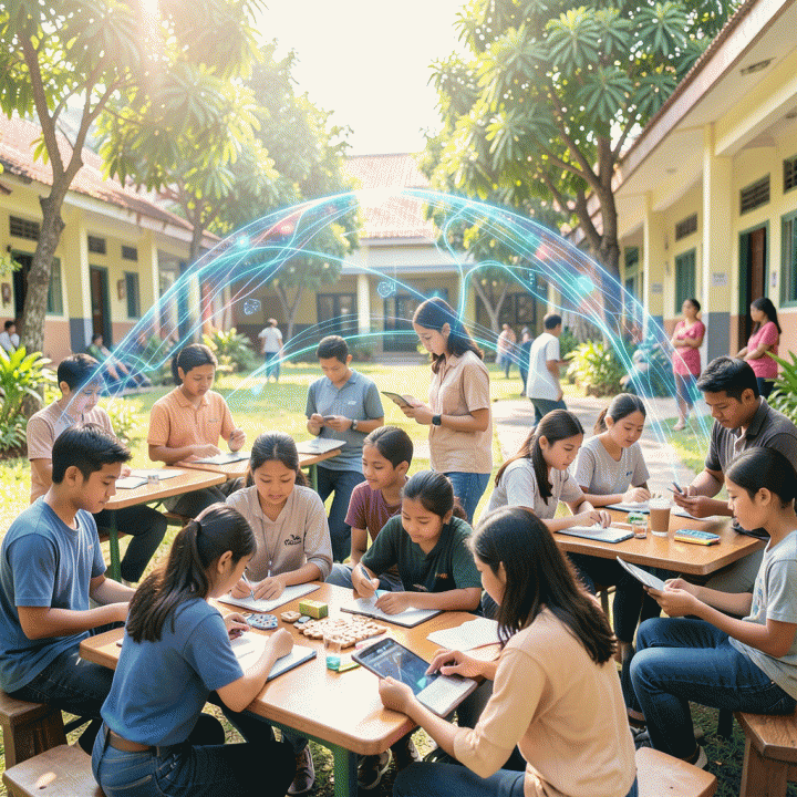 Kelas yang menunjukkan pembelajaran berdiferensiasi, di mana siswa terlibat dalam berbagai aktivitas berbeda secara simultan dengan dukungan teknologi.