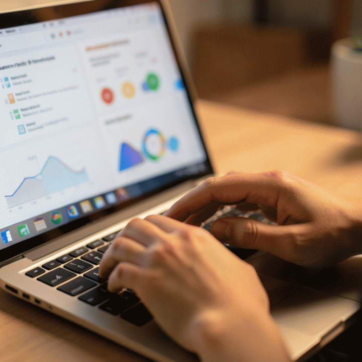 Tangan yang sedang mengetik di laptop, menunjukkan proses pembuatan materi pembelajaran digital dengan bantuan alat cerdas.