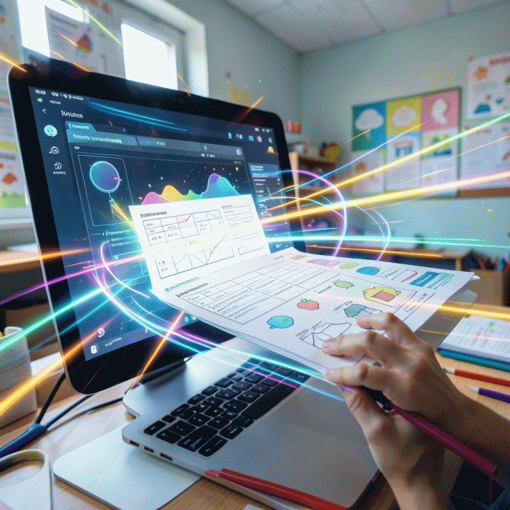 Instant generation of educational materials like worksheets and activity sheets using an AI application on a screen.