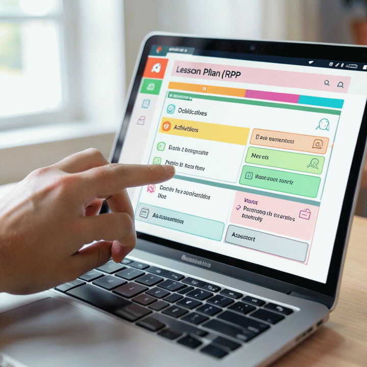 Hand interacting with a digital interface generating a structured Lesson Plan outline on a laptop.
