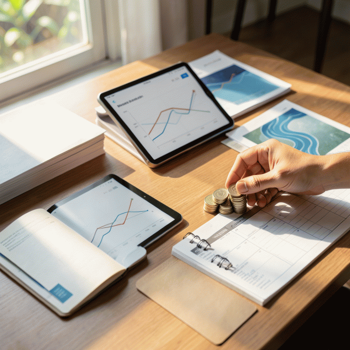 Meja kerja yang rapi dengan peralatan perencanaan keuangan, menampilkan grafik pertumbuhan finansial yang terstruktur dan simbol pengelolaan uang yang terorganisir.