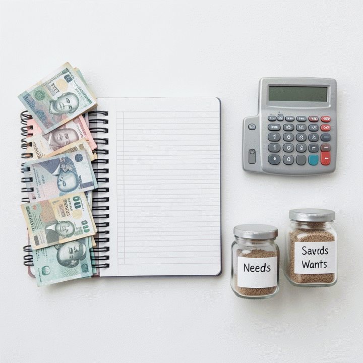 Tampilan atas (flat lay) dari alat-alat budgeting yang terorganisir, termasuk buku planner, uang, dan wadah kategori anggaran.