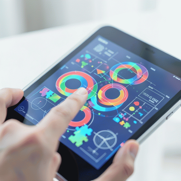 Tangan yang sedang menyelesaikan puzzle logika pada tablet digital futuristik.