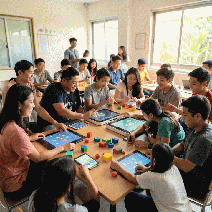 Kelompok siswa Indonesia yang bersemangat dan berinteraksi secara aktif dengan alat pembelajaran modern di kelas yang cerah.
