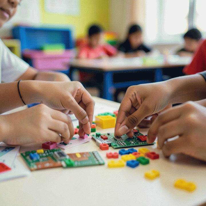 Tangan siswa yang sedang berinteraksi dengan alat peraga atau kit edukasi, menunjukkan pembelajaran praktis.