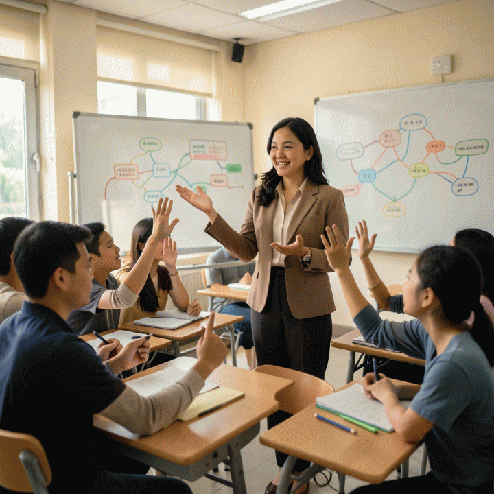 Seorang guru memfasilitasi diskusi interaktif di depan siswa di kelas modern, menunjukkan metode pembelajaran aktif.