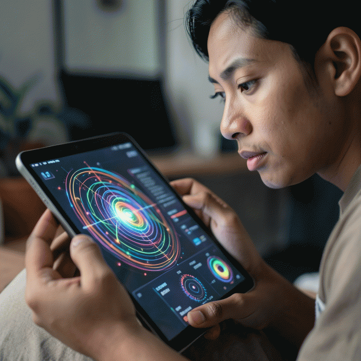 Profesional sedang fokus menatap layar tablet yang menampilkan pola asesmen kognitif abstrak, melambangkan self-assessment.