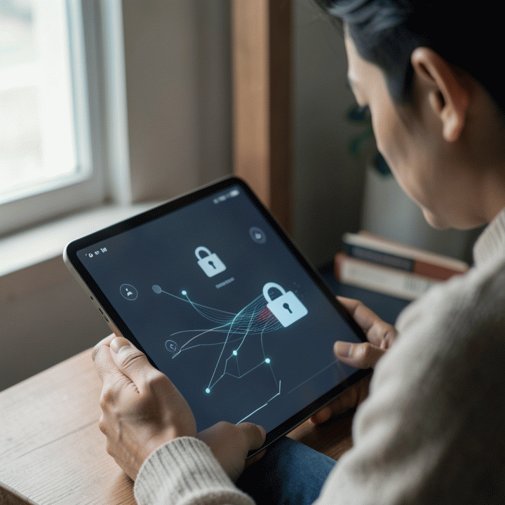 Seorang profesional Indonesia sedang merefleksikan pikiran di tablet dengan antarmuka jurnal digital yang aman dan abstrak, menyoroti konsep privasi dan keamanan data.