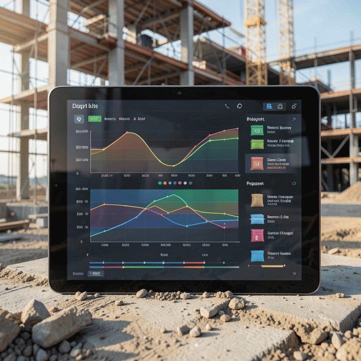 Tampilan dashboard digital yang menunjukkan pelacakan material dan biaya proyek konstruksi secara real-time, menunjukkan integrasi antara data dan lokasi proyek fisik.