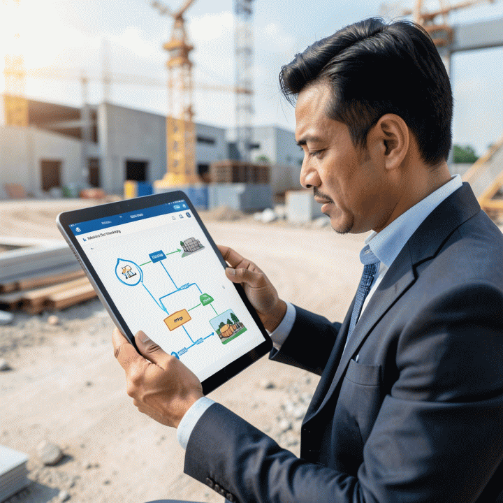 Manajer proyek memeriksa tablet yang menampilkan visualisasi pelacakan material dari gudang ke lokasi konstruksi.