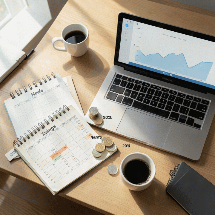 Visualisasi perencanaan keuangan pribadi di meja kerja yang rapi, menampilkan konsep alokasi dana 50/30/20 menggunakan elemen fisik dan digital yang terstruktur.