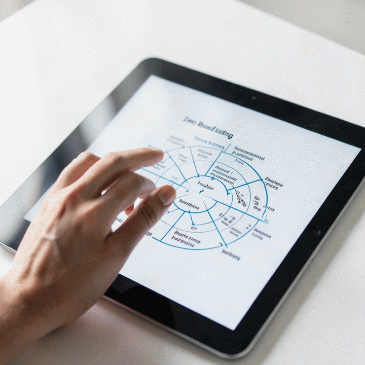 Tangan yang sedang menggunakan tablet untuk merencanakan anggaran berbasis nol (Zero-Based Budgeting), menunjukkan alokasi dana yang terperinci dan terstruktur.