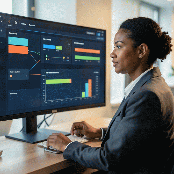 Seorang profesional menganalisis dashboard data abstrak yang menunjukkan perbandingan dan optimasi sumber peluang kerja.