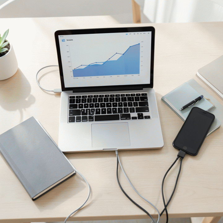 Meja kerja profesional yang rapi dengan visualisasi data abstrak dan perangkat digital, melambangkan strategi dan pelacakan peluang karir.