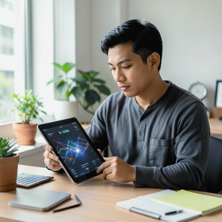 Seorang profesional muda Indonesia yang sedang melakukan asesmen diri di meja kerja modern, berinteraksi dengan tablet yang menampilkan pola data abstrak yang bercahaya, melambangkan penemuan potensi karir.