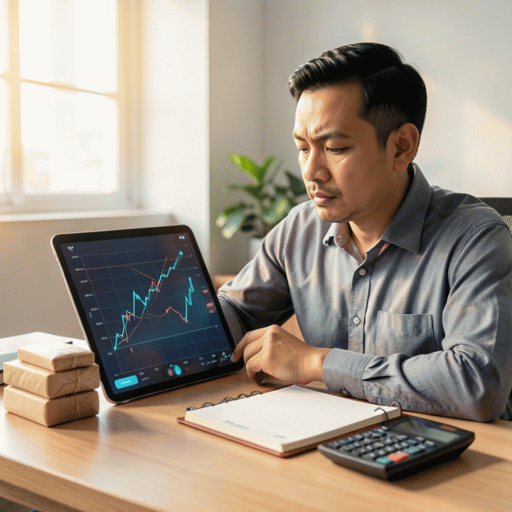 Seorang pemilik UMKM Indonesia sedang merencanakan strategi keuangan di meja kerja modern, dikelilingi alat bantu bisnis dan tablet yang menampilkan data keuangan abstrak.