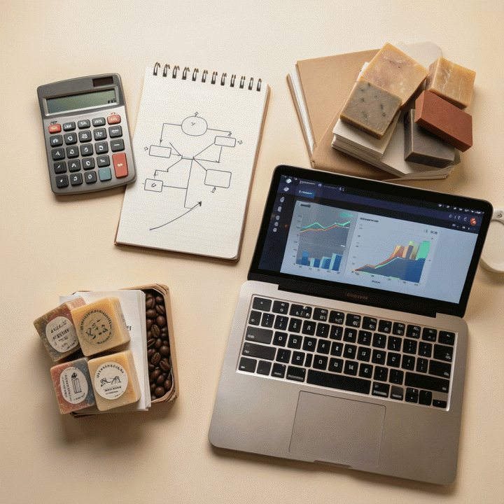 Komposisi flat lay alat-alat bisnis dan keuangan (kalkulator, buku catatan, produk) yang menunjukkan proses perhitungan HPP dan penentuan harga jual.