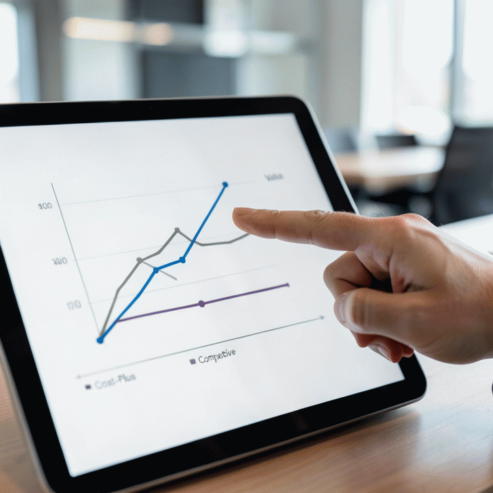 Visualisasi perbandingan tiga strategi penetapan harga (Cost-Plus, Value, Kompetitif) pada grafik abstrak di layar digital.