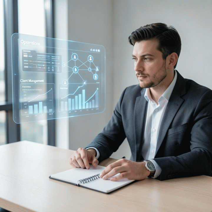 Ilustrasi profesional yang menunjukkan seorang freelancer menggunakan dashboard data holografik untuk memisahkan dan mengelola data operasional, klien, dan keuangan bisnis secara terpusat.