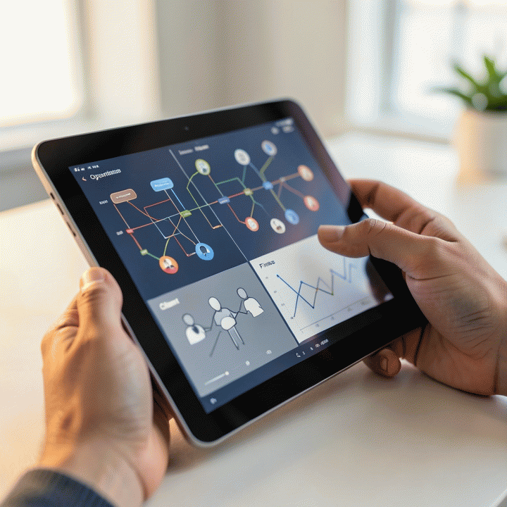 Tangan seorang profesional yang memisahkan tiga jenis data (operasional, klien, keuangan) pada layar tablet modern, melambangkan manajemen data terpadu.