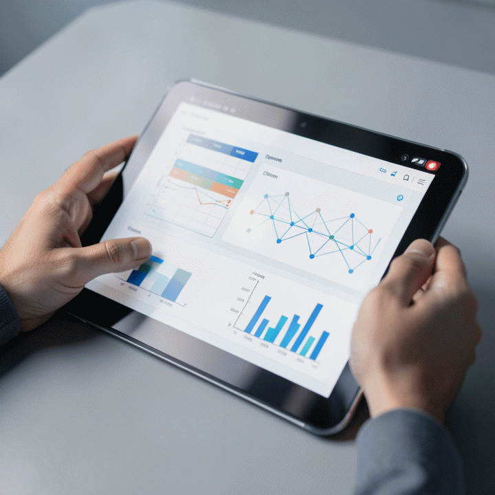 Tangan seseorang yang sedang berinteraksi dengan tablet transparan yang menampilkan dasbor bisnis terpadu, menghubungkan data operasional, klien, dan keuangan.