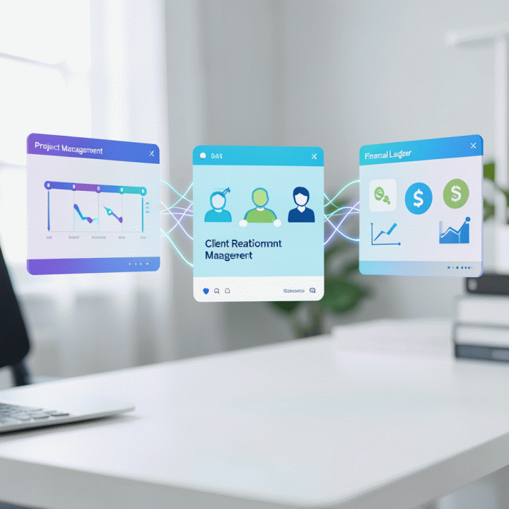 Tiga panel antarmuka digital yang terpisah namun terhubung secara visual: satu untuk proyek, satu untuk klien, dan satu untuk keuangan, menunjukkan integrasi data.