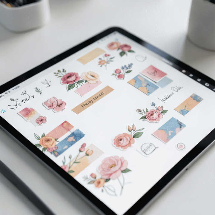 Close-up tampilan jurnal digital di tablet yang dihiasi dengan berbagai stiker premium, menunjukkan proses dekorasi konten.
