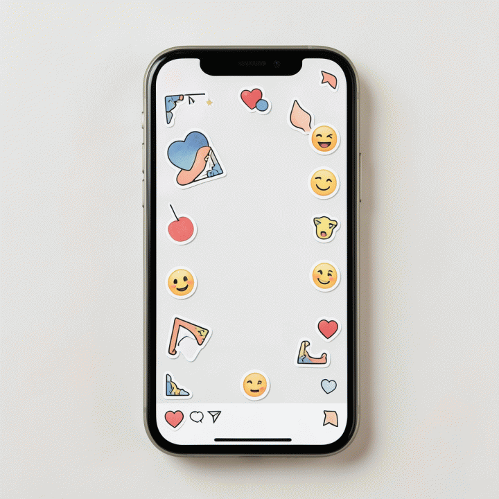 Tampilan mockup Instagram Story di ponsel yang dipercantik dengan stiker digital premium, menunjukkan aksen konten yang estetik.