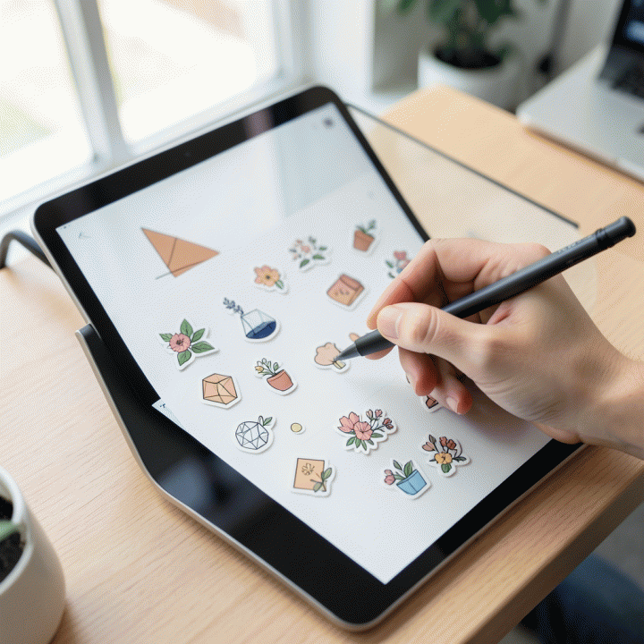Tangan seseorang menggunakan stylus pada tablet untuk mendekorasi jurnal digital dengan stiker premium, menunjukkan proses kreatif dan produktivitas.