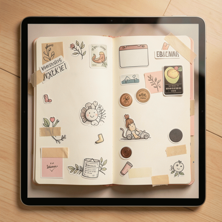 Halaman jurnal digital yang dihias dengan stiker premium dan aksen dekoratif, menampilkan estetika produktivitas.
