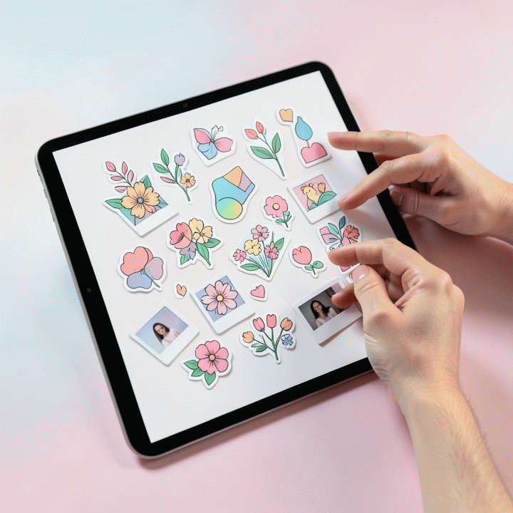 Komposisi artistik digital yang menampilkan tangan sedang menata aset stiker digital premium dan elemen desain kreatif di layar tablet, melambangkan proses pembuatan konten media sosial yang estetis.