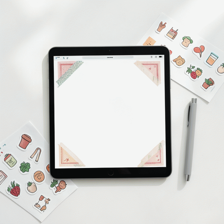 Tampilan atas (flat lay) jurnal digital di tablet yang sedang diperindah dengan stiker-stiker digital premium, menonjolkan aspek produktivitas dan kreativitas.